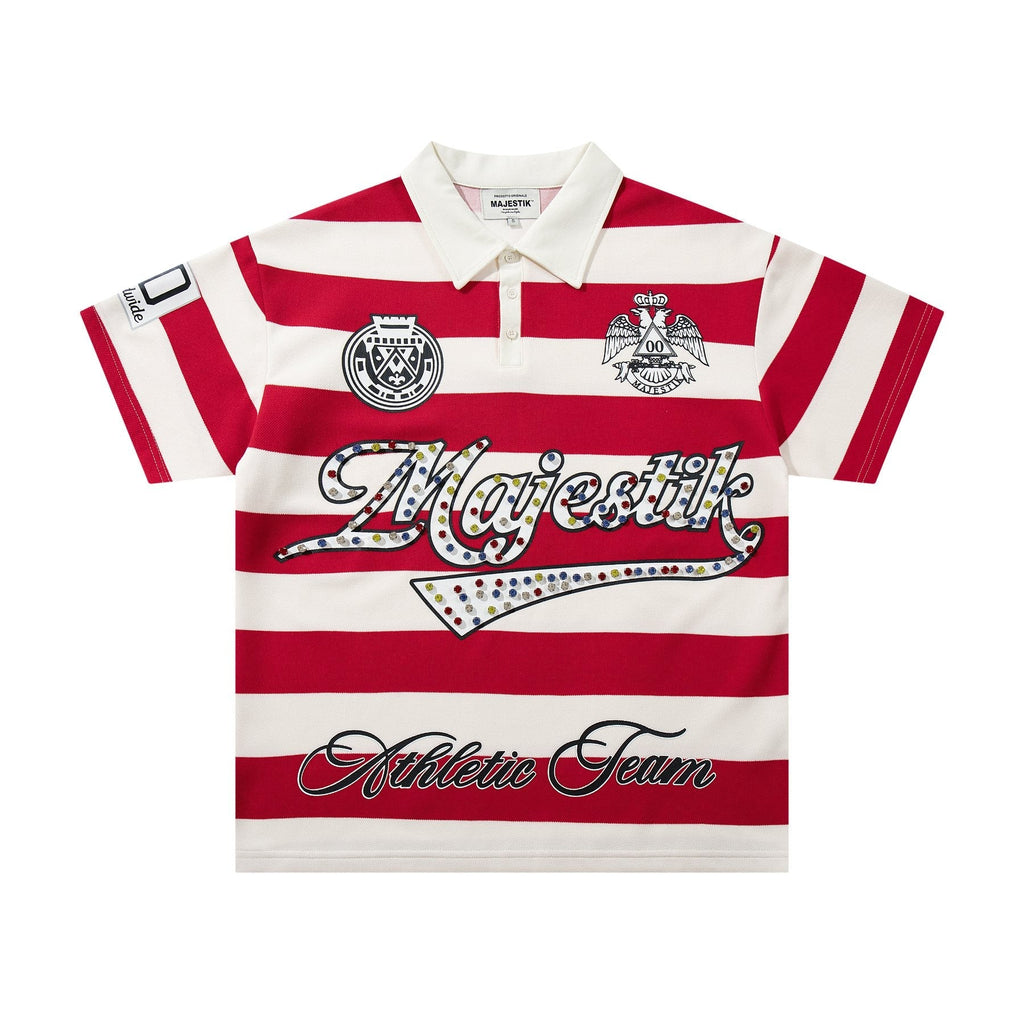 MAJESTIK Striped Crest Graphic Polo Shirt